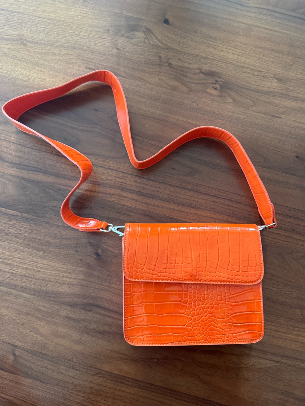 Orange Croc-Embossed Crossbody Bag